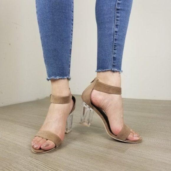 Lucite Clear Heel Tan Vegan Suede Heel Sandal - Picture 7 of 7